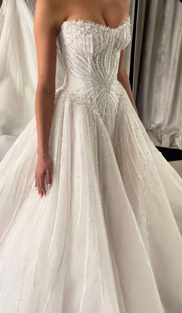 White Ball Gown Strapless Beaded Sequin Tulle Long Sweep Prom Dress Wedding Dress SH4772