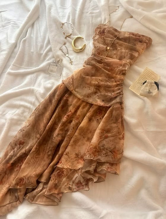Vintage Print Floral A Line Strapless Chiffon Short Homecoming Dress Outfits SH5727