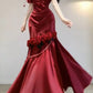 Burgundy Mermaid One Shoulder Beaded Rose Satin Long Prom Dress Party Dress SH5022
