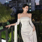 White Simple Clean A Line Halter Long Sleeve Satin Long Prom Dress Evening Dress SH3455