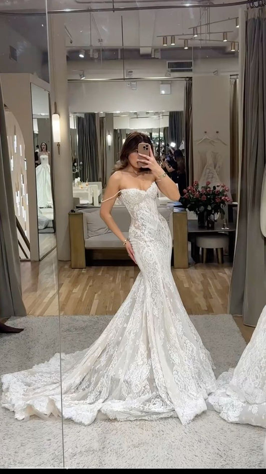 Stunning Mermaid Spaghetti Straps White Lace Long Train Prom Dress Wedding Dress SH8399