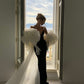 Elegant Mermaid Sweetheart Neck White Tulle Black Satin Prom Dress SH4565