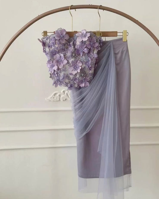 Exquisite Purple Floral Sheath Sweetheart Neck Tulle Prom Dress Evening Dress Formal Dress SH3835