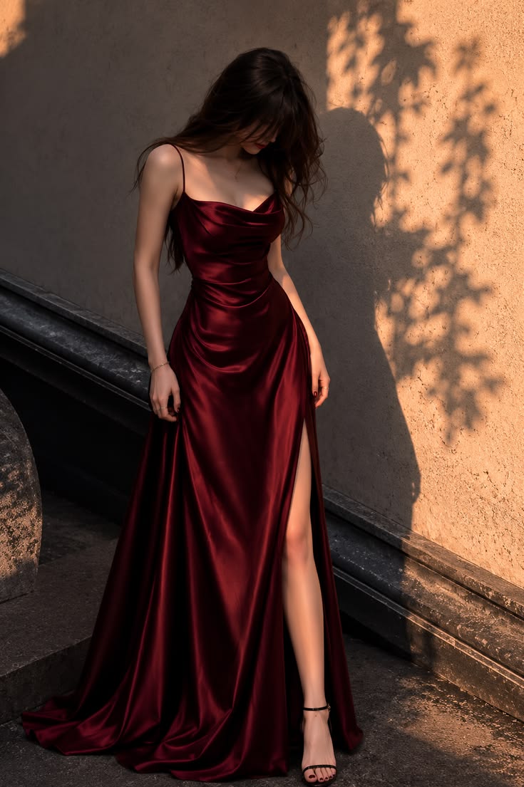 Simple Burgundy A Line Spaghetti Strap Satin Slit Prom Dress Evening Dress SH6911