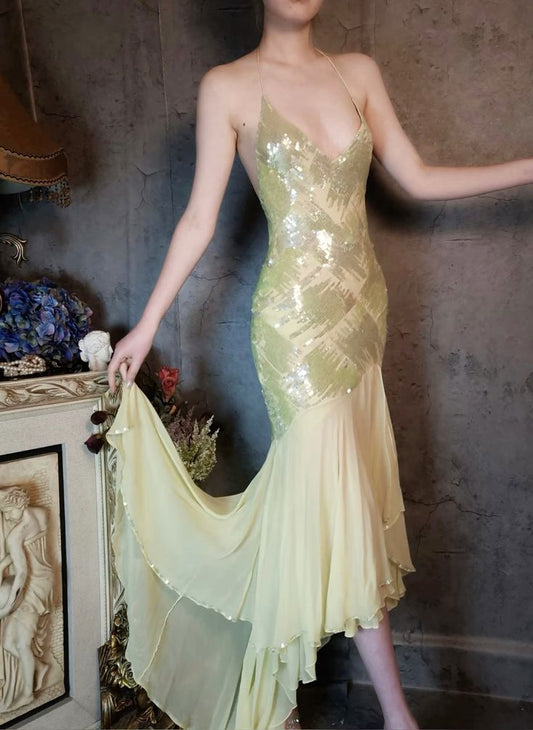 Gentle Green Mermaid Spaghetti Strap Sequin Chiffon Prom Dress Evening Dress SH2670