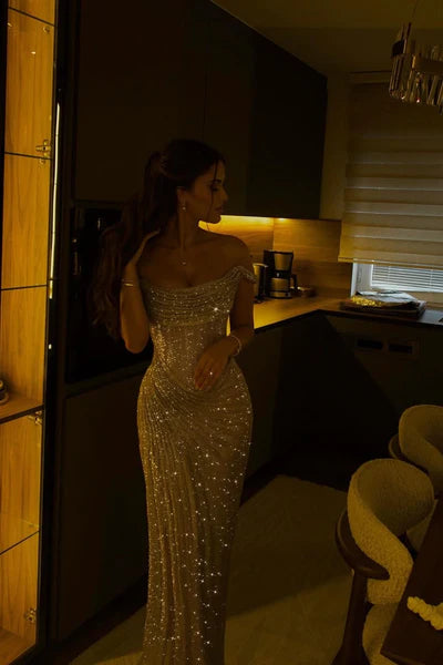 Dazzling Off the Shoulder Evening Dress Prom Dresses Column Long With Pleats SH5614