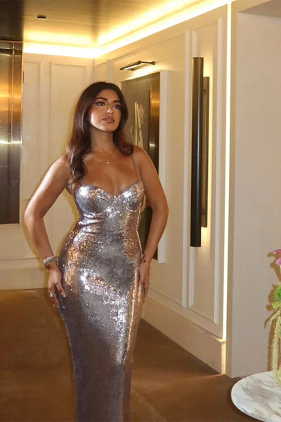 Dazzling Silver Spaghetti-Strap Evening Dress Prom Dresses with Split SH5613