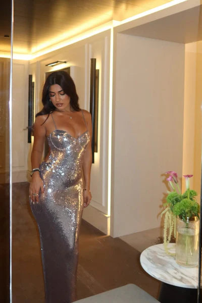 Dazzling Silver Spaghetti-Strap Evening Dress Prom Dresses with Split SH5613