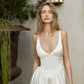 Pretty A Line V Neck White Simple Satin Long Train Wedding Dress SH7266