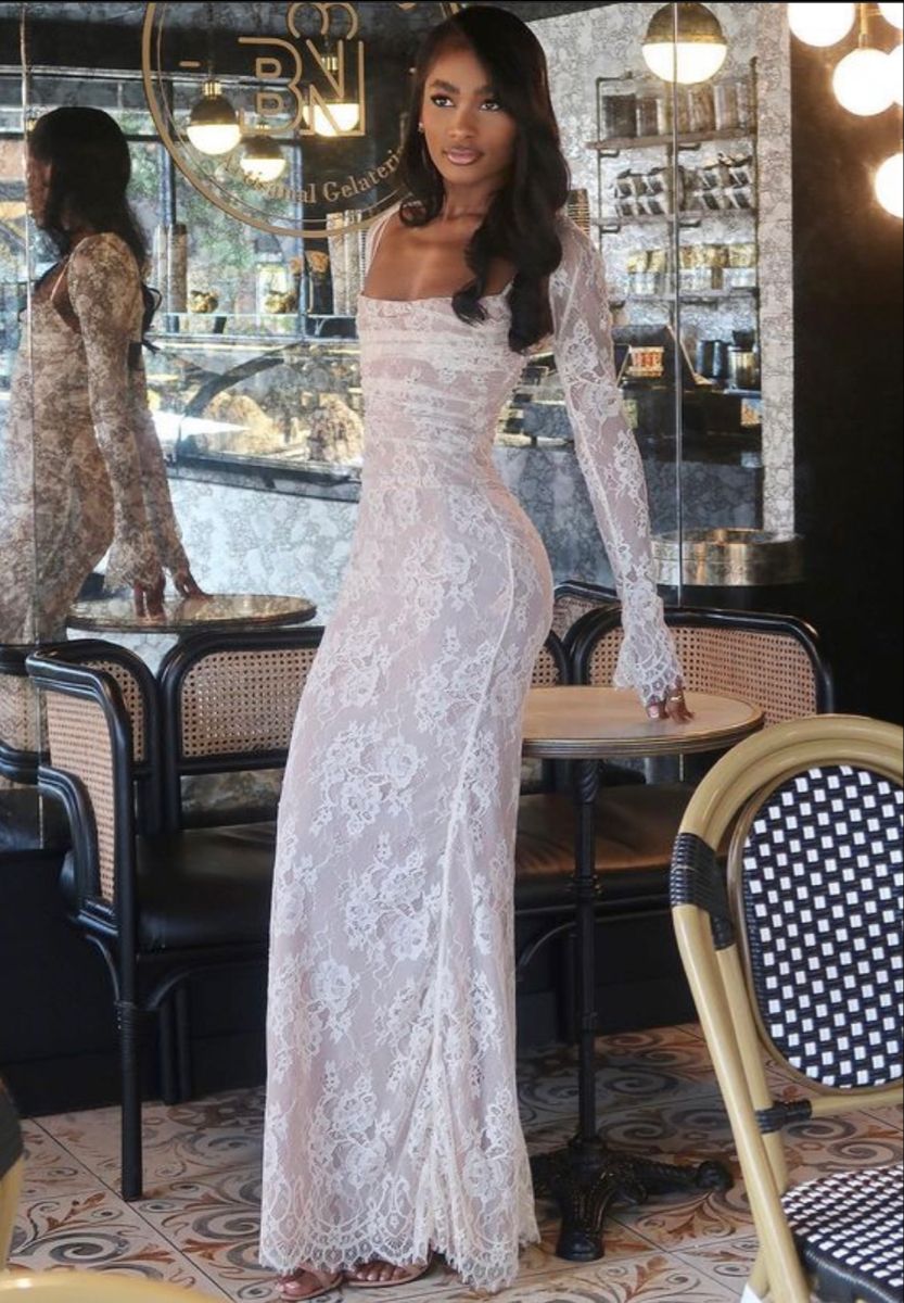 White Sheath Long Sleeve Lace Long Prom Dress Evening Dress SH8840