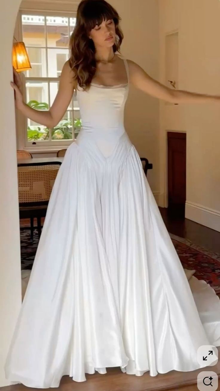 Ethereal A Line Spaghetti Strap Pleated White Chiffon Satin Long Wedding Dress SH7065