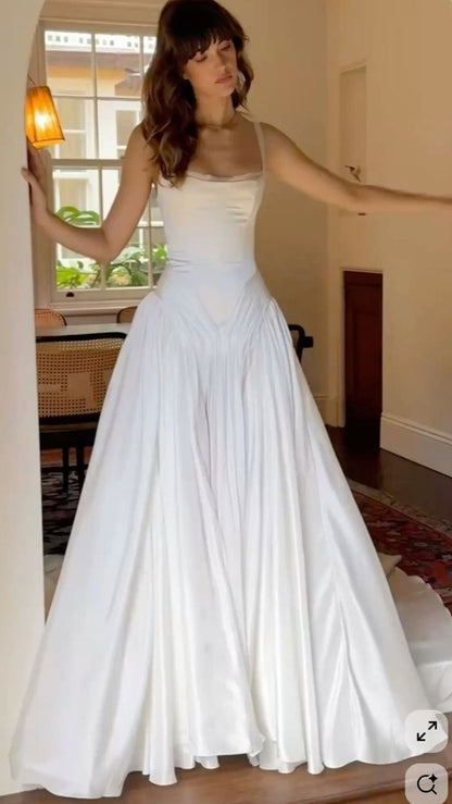 Ethereal A Line Spaghetti Strap Pleated White Chiffon Satin Long Wedding Dress SH7065
