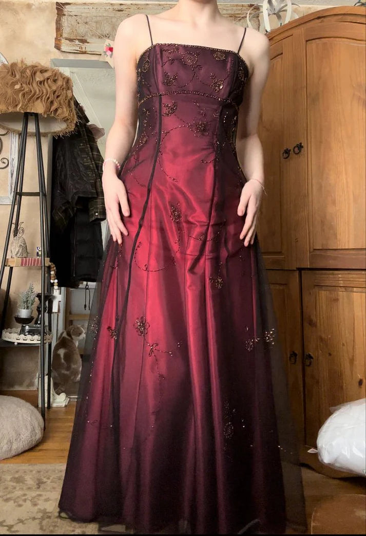 Vintage A Line Spaghetti Strap Beaded Black Chiffon Burgundy Satin Prom Dress Graduation Prom Dress SH2598