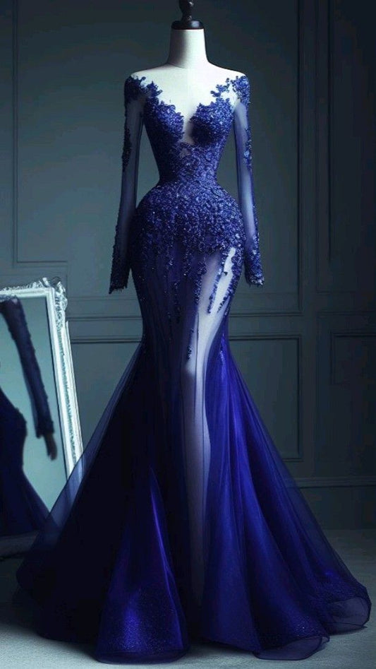 Royal Blue Mermaid Long Sleeve Lace Tulle Prom Dress Wedding Guest Dress Date Dress SH4443