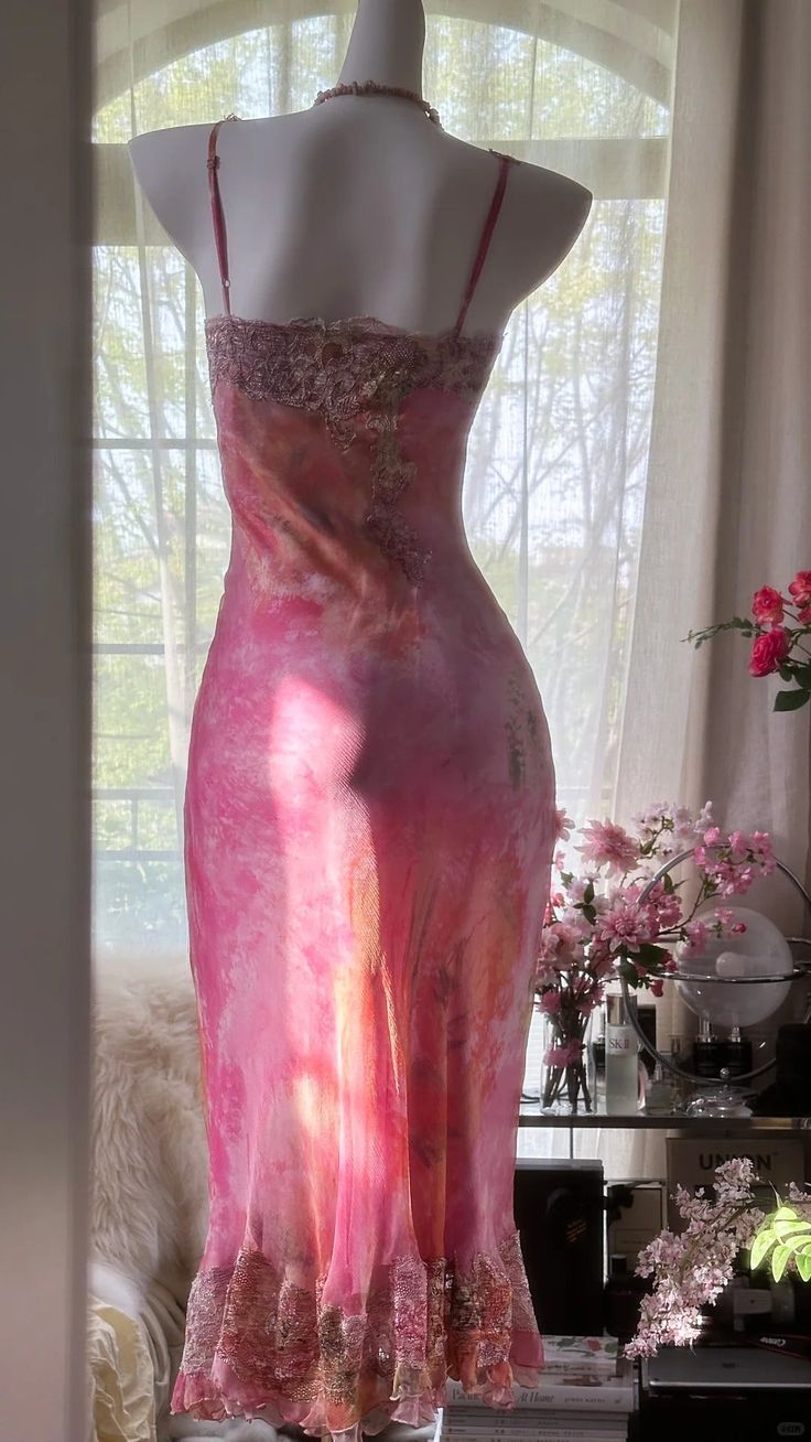 Pink Print Floral Sheath Spaghetti Straps Lace Chiffon Prom Dress Evening Dress SH3783