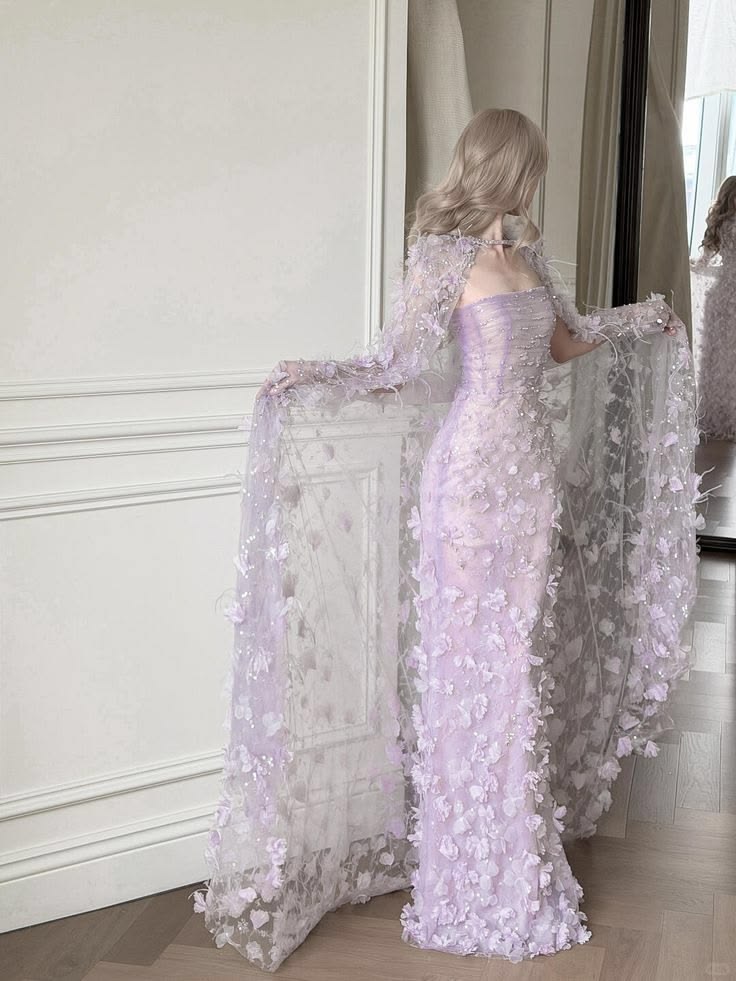 Lilac Sheath Strapless Exquisite 3D Floral Beaded Tulle Long Prom Dress SH6708
