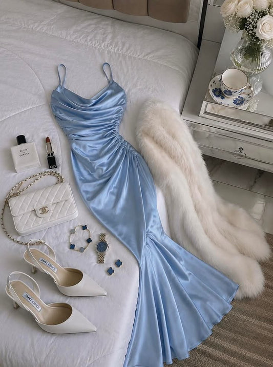 Blue Mermaid Spaghetti Straps Pleated Satin Prom Dress Evening Dress SH6465