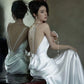 Simple White Mermaid Spaghetti Strap Satin Open Back Prom Dress Party Dress SH4459