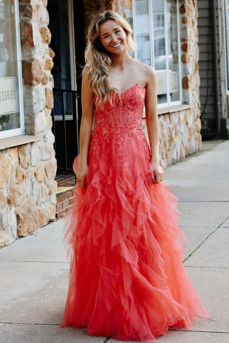 Coral A Line Sweetheart Neck Layered Tulle Long Wedding Guest Dress Evening Dress with Slit SH2918