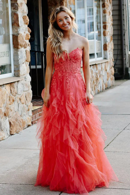 Coral A Line Sweetheart Neck Layered Tulle Long Wedding Guest Dress Evening Dress with Slit SH2918