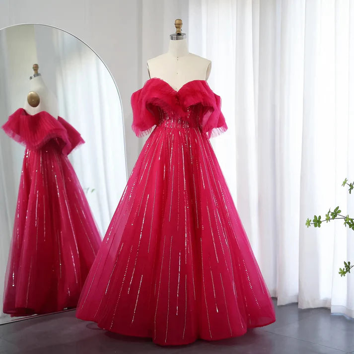 Rose red Off the Shoulder Sequin Rhinestone Tulle Long Ball Gown Prom Dress SH1835