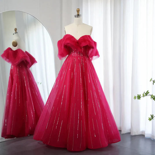 Rose red Off the Shoulder Sequin Rhinestone Tulle Long Ball Gown Prom Dress SH1835