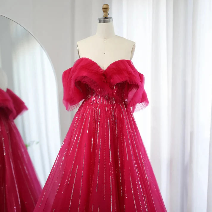 Rose red Off the Shoulder Sequin Rhinestone Tulle Long Ball Gown Prom Dress SH1835