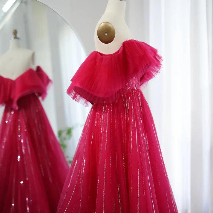 Rose red Off the Shoulder Sequin Rhinestone Tulle Long Ball Gown Prom Dress SH1835