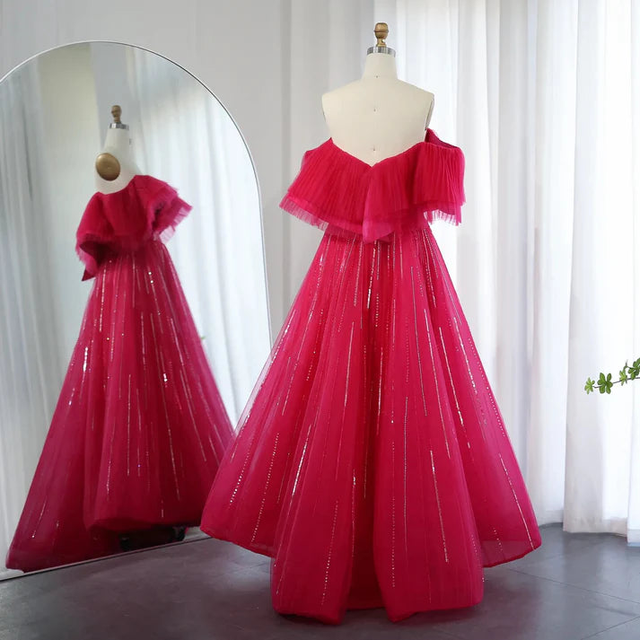 Rose red Off the Shoulder Sequin Rhinestone Tulle Long Ball Gown Prom Dress SH1835