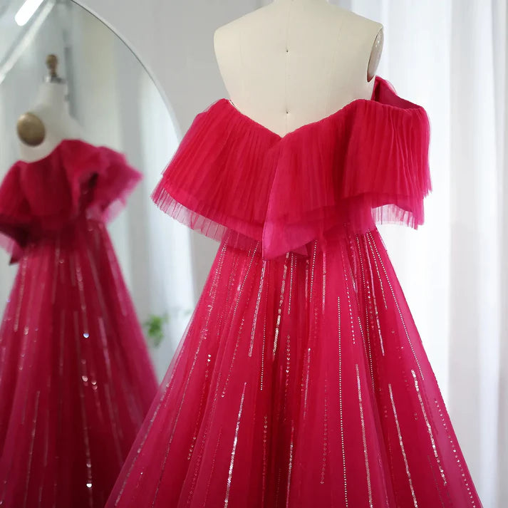 Rose red Off the Shoulder Sequin Rhinestone Tulle Long Ball Gown Prom Dress SH1835