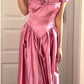 Vintage Pink 3D Floral A Line Off the Shoulder Satin Long Prom Dress Evening Dress SH6901