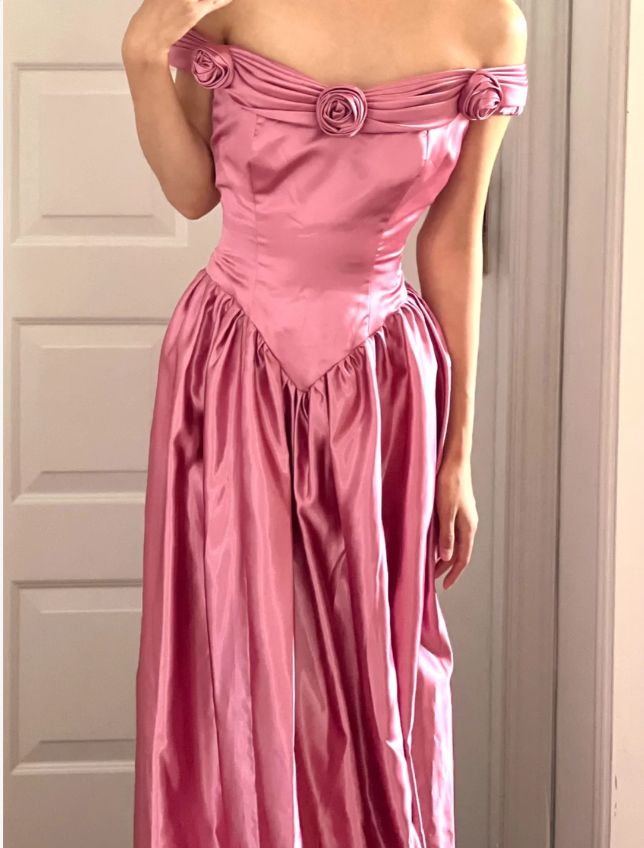 Vintage Pink 3D Floral A Line Off the Shoulder Satin Long Prom Dress Evening Dress SH6901