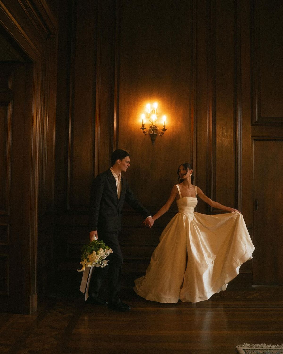 Classic Ball Gown Spaghetti Strap Pleated Simple Satin Wedding Dress SH4748