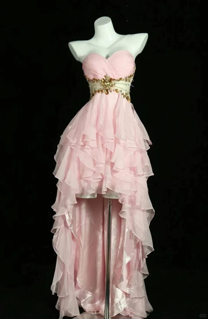 Pink A Line Sweetheart Neck Beaded Layered Chiffon Prom Dress Evening Dress SH3738
