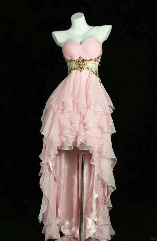 Pink A Line Sweetheart Neck Beaded Layered Chiffon Prom Dress Evening Dress SH3738