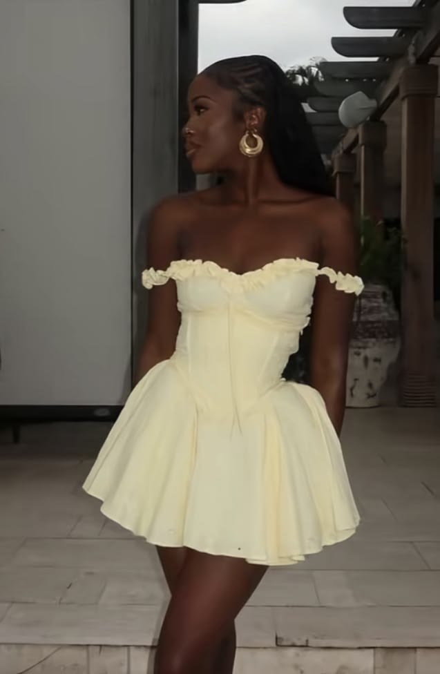 Light Yellow A Line Off the Shoulder Satin Short Homecoming Dress Outfits SH6731