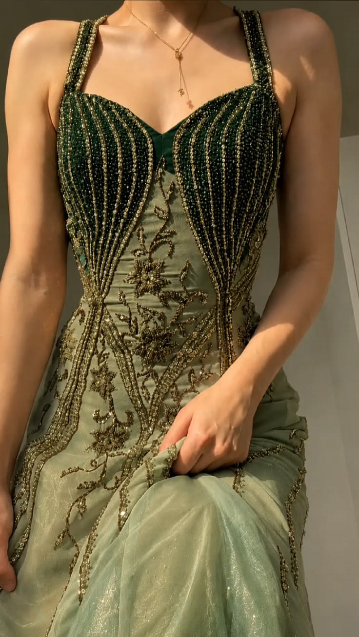 Glamorous A Line Spaghetti Straps Green Beaded Tulle Long Prom Dress Date Dress SH7012