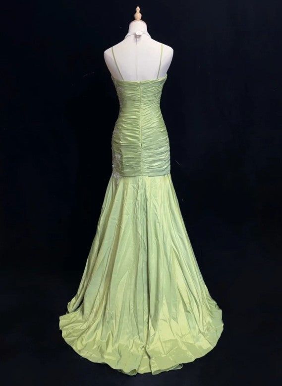 Vintage Mermaid Sweetheart Neck Appliques Green Satin Long Party Dress Evening Dress SH2845
