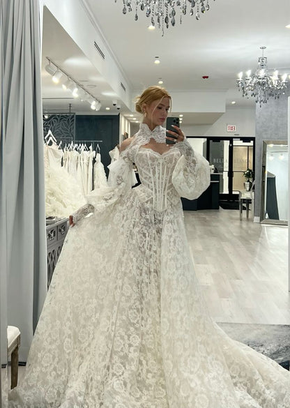 Stunning Ball Gown Long Sleeve High Neck Corset White Lace Long Wedding Dress SH7098