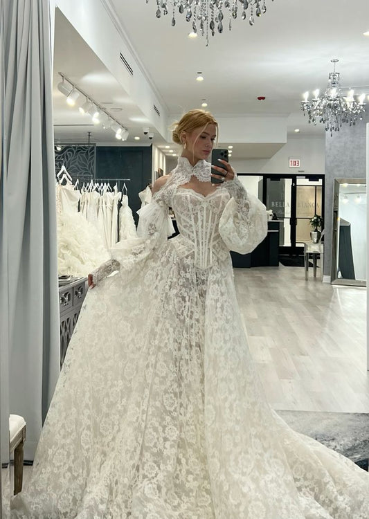 Stunning Ball Gown Long Sleeve High Neck Corset White Lace Long Wedding Dress SH7098