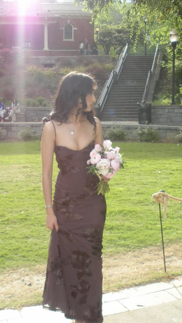 Beautiful Sheath Spaghetti Strap Brown Floral Chiffon Prom Dress Party Dress SH8411