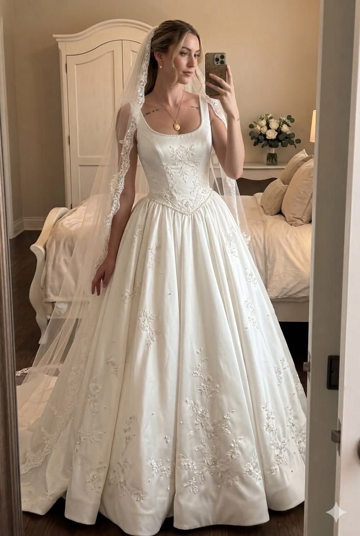 Elegant A Line Straps Exquisite Beaded Simple Satin Long Wedding Dress SH8245