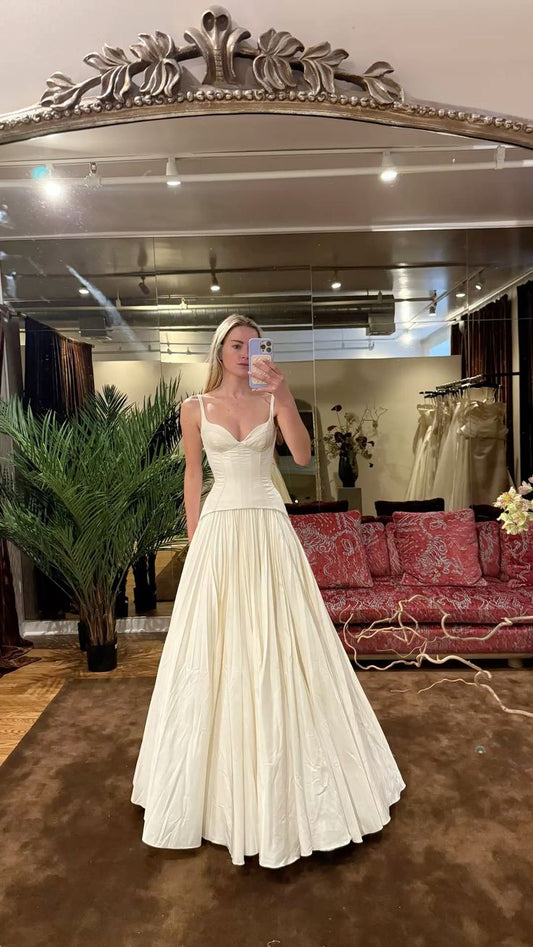 Vintage A Line Spaghetti Strap Corset Ivory Satin Long Wedding Dress SH8694