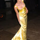 Elegant Mermaid Straps Yellow Satin Long Prom Dress Evening Dress SH2347
