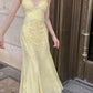 Elegant Mermaid Spaghetti Straps Yellow Chiffon Long Prom Dresses Evening Dress SH2838