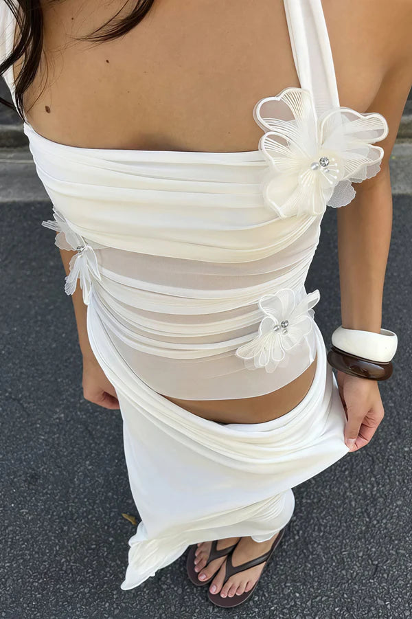 Sexy White Sheath Halter 3D Floral Tulle Satin Prom Dress Evening Dress SH5754