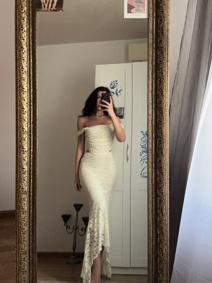 Two Piece Mermaid Off the Shoulder Ivory Lace Prom Dress Evening Dress SH8571