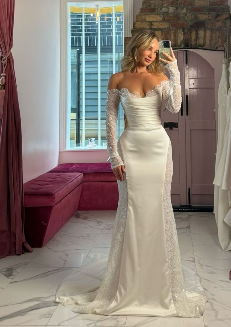 Romantic Mermaid Long Sleeve White Lace Satin Long Wedding Dress SH8713