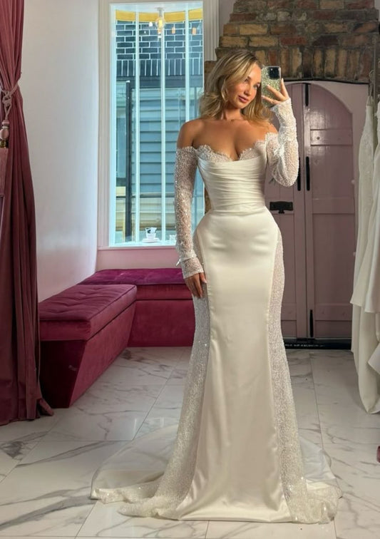 Romantic Mermaid Long Sleeve White Lace Satin Long Wedding Dress SH8713