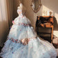 Romantic Hydrangea Flower Sweetheart Neck Ball Gown Layered Blue Organza Prom Dress Birthday Dress SH3634
